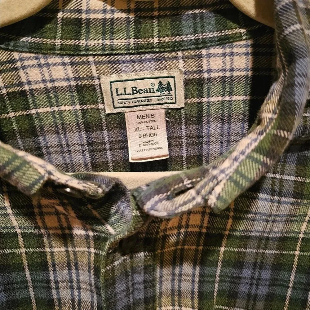 LL Bean Men's Flannel Shirt Sz XLarge Tall Fit Button Down Plaid Blue/Green - Picture 8 of 8